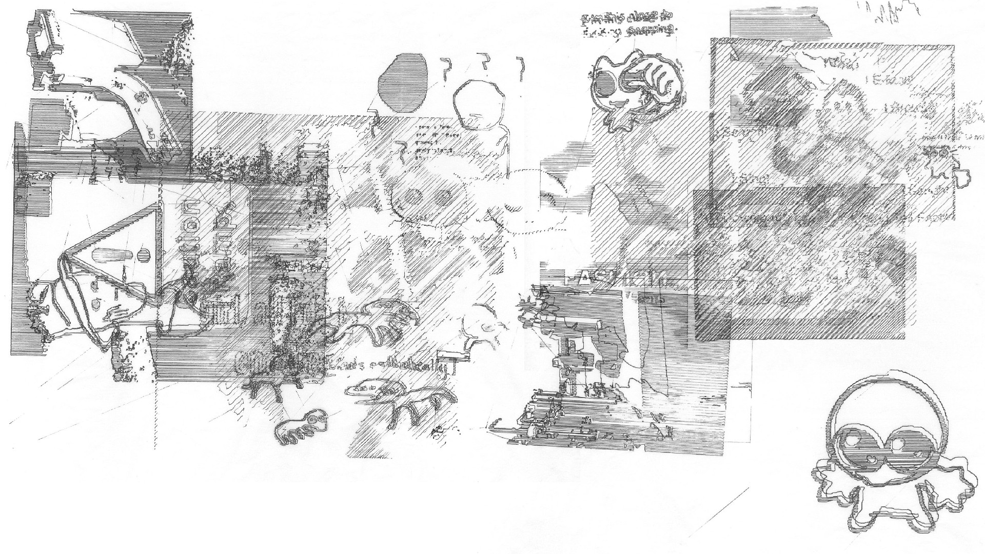 A Composite containing a variety of drawing from Repost; Remake, as submitted by users during the exhibition. An image of the plotter's output.