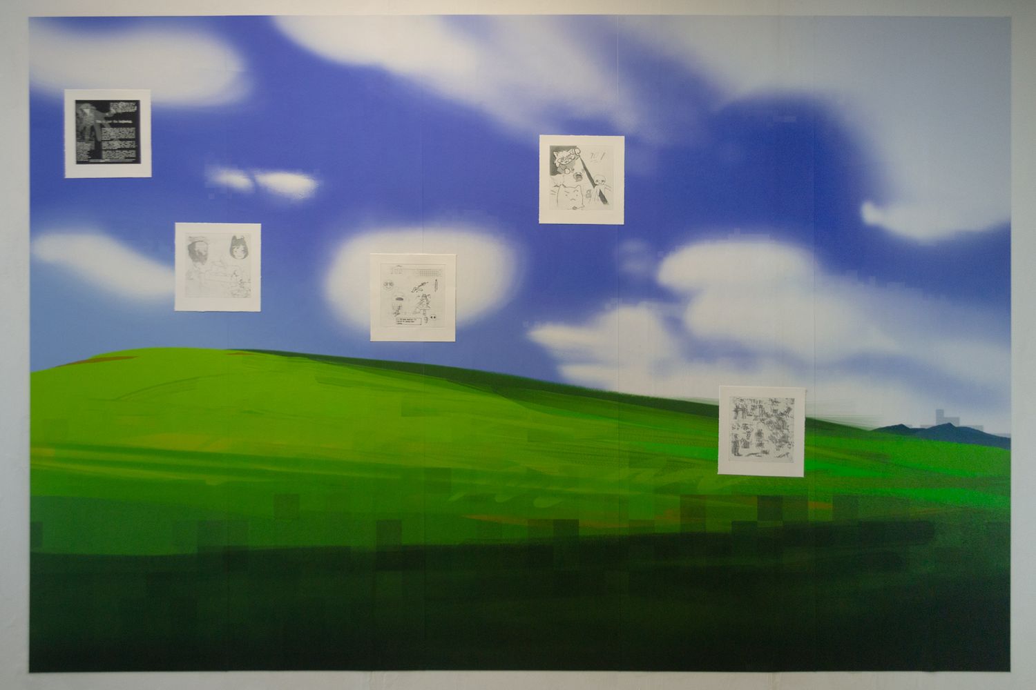 Wallpaper of a well known wallpaper - Digitally printed wallpaper (2m x 3m). A photo of the wallpaper installation in the exhibition, with five etchings visible on it.